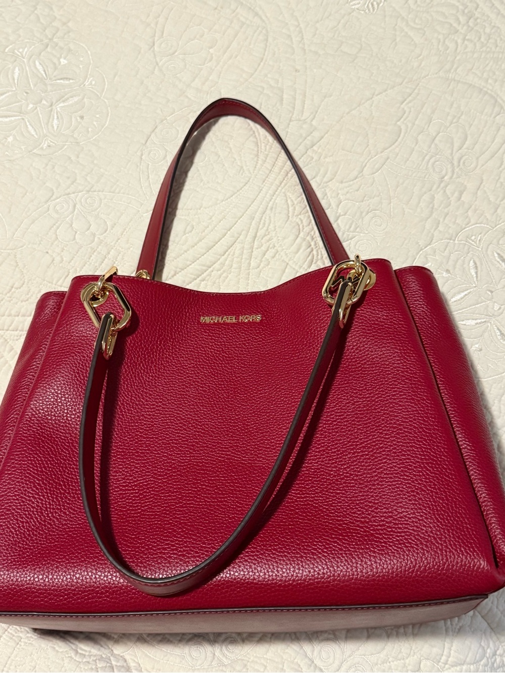Michael Kors Cherry Red Pebbled Leather Tote with Gold Hardware